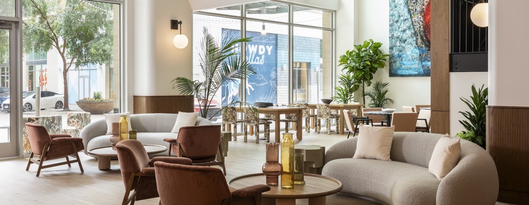 lounge with seating and nature filled areas
