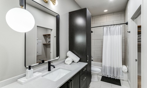 Designer Furnished Apartments bath area with modern fixtures